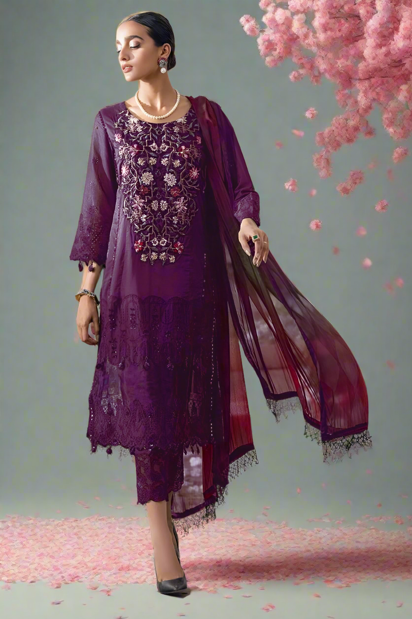 Cotton Chikankari Lawn Set – Semi-Stitched | Elegant Pearl & Print Detailing  ( Semi stitched )