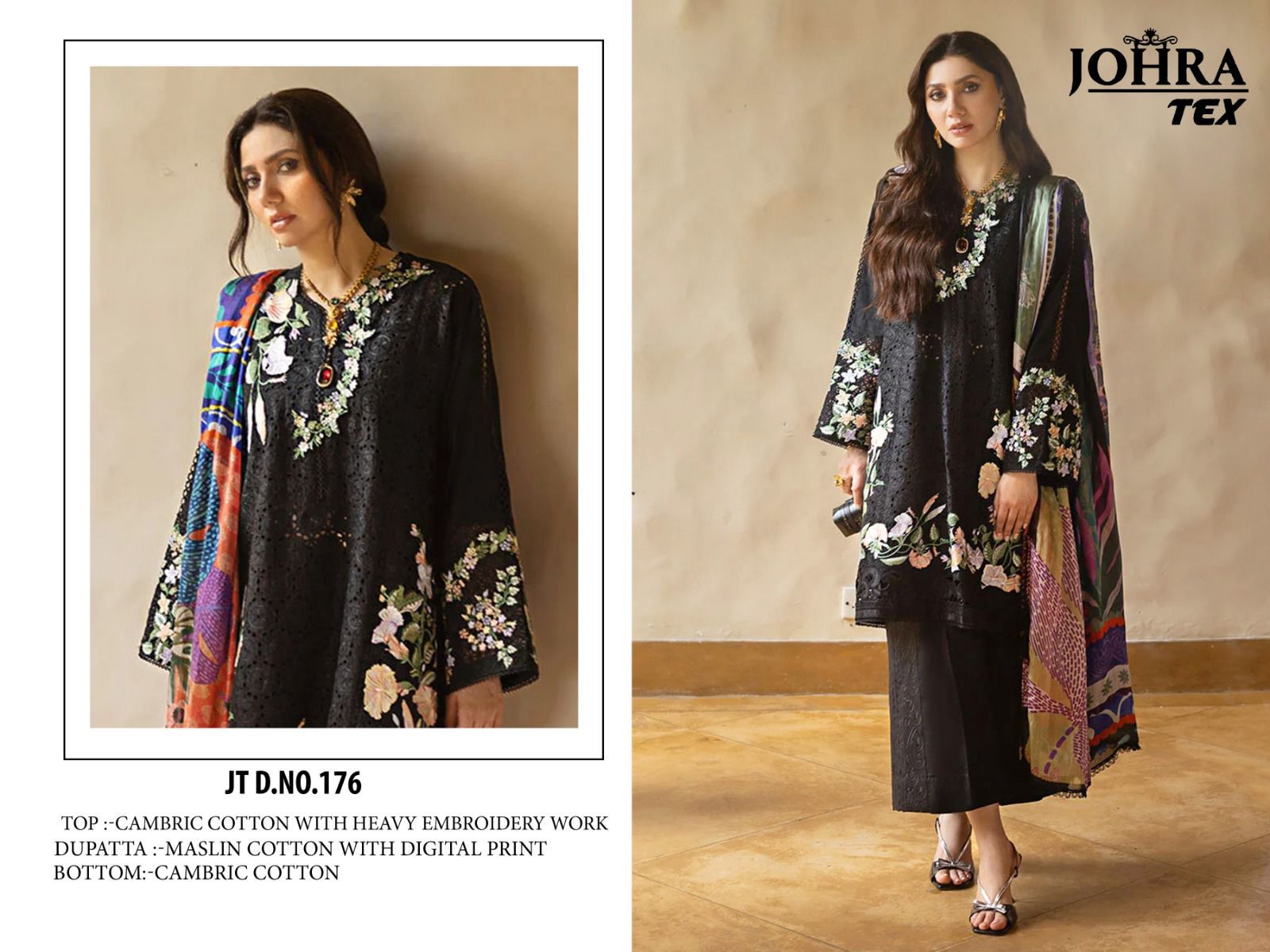 Cambric Cotton Suit Set with Embroidery & Digital Print Dupatta  ( Semi stitched )