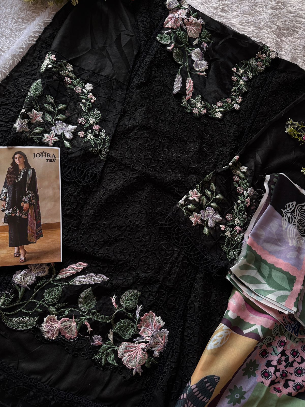 Cambric Cotton Suit Set with Embroidery & Digital Print Dupatta  ( Semi stitched )