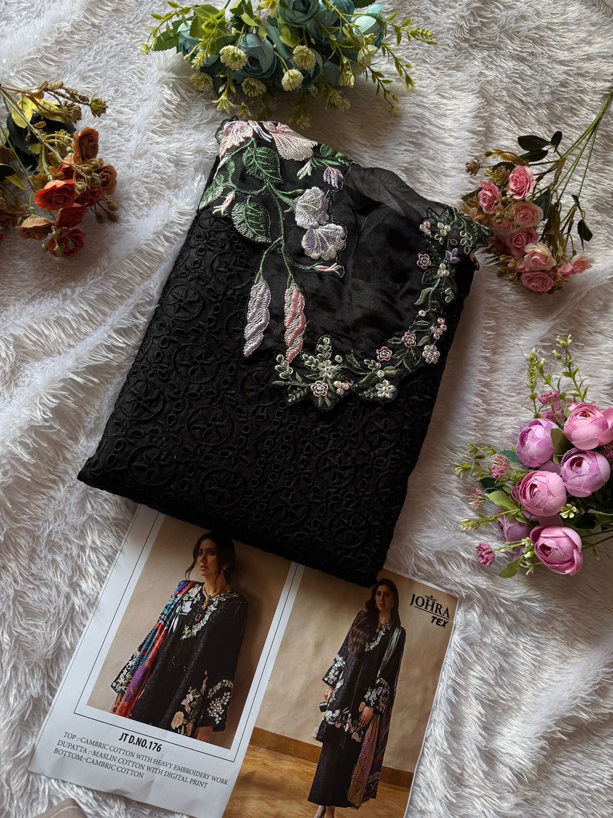 Cambric Cotton Suit Set with Embroidery & Digital Print Dupatta  ( Semi stitched )