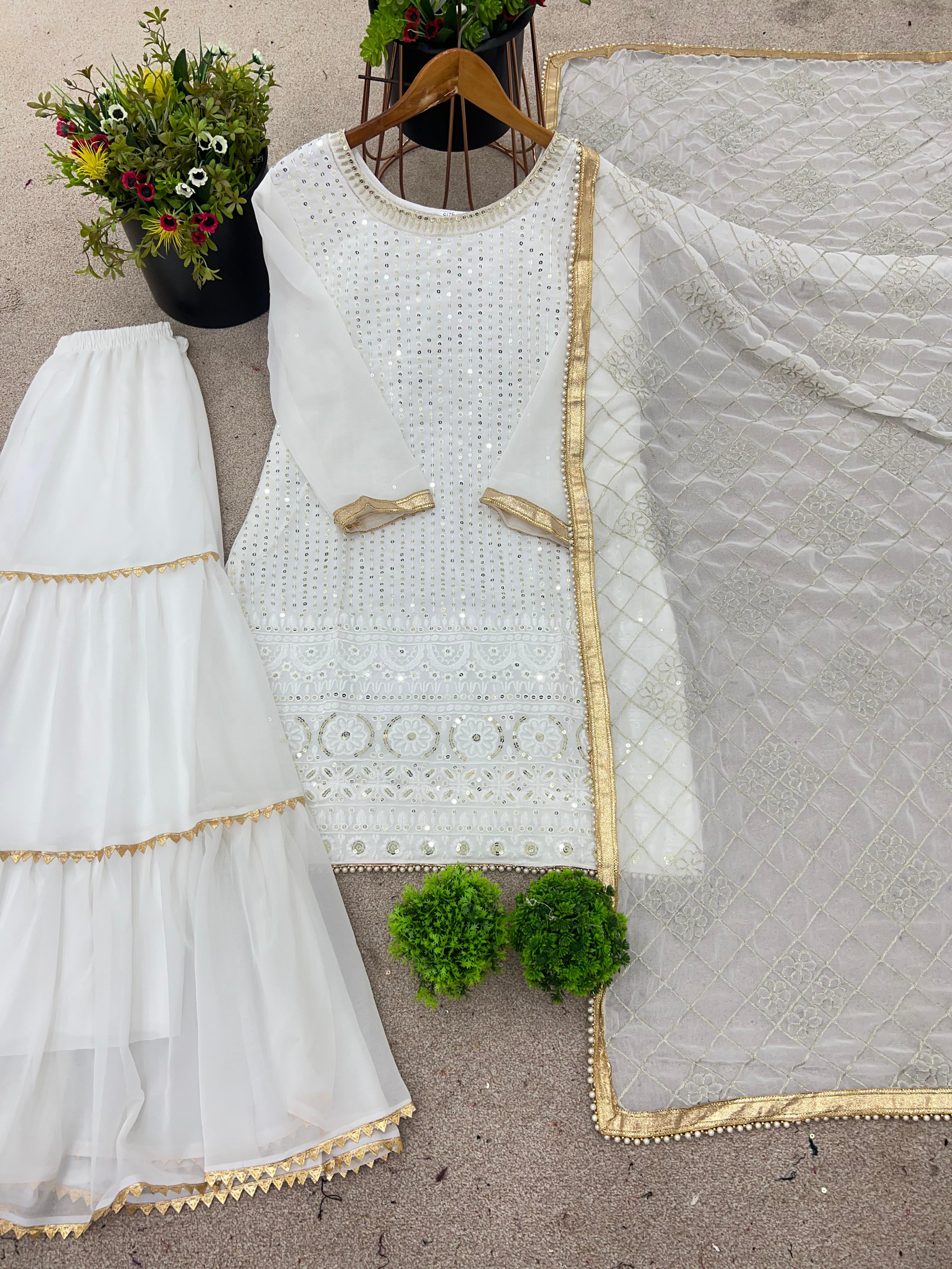 Royal Radiance" Heavy Embroidered Faux Georgette Plazzo Set with Dupatta – SR-1671