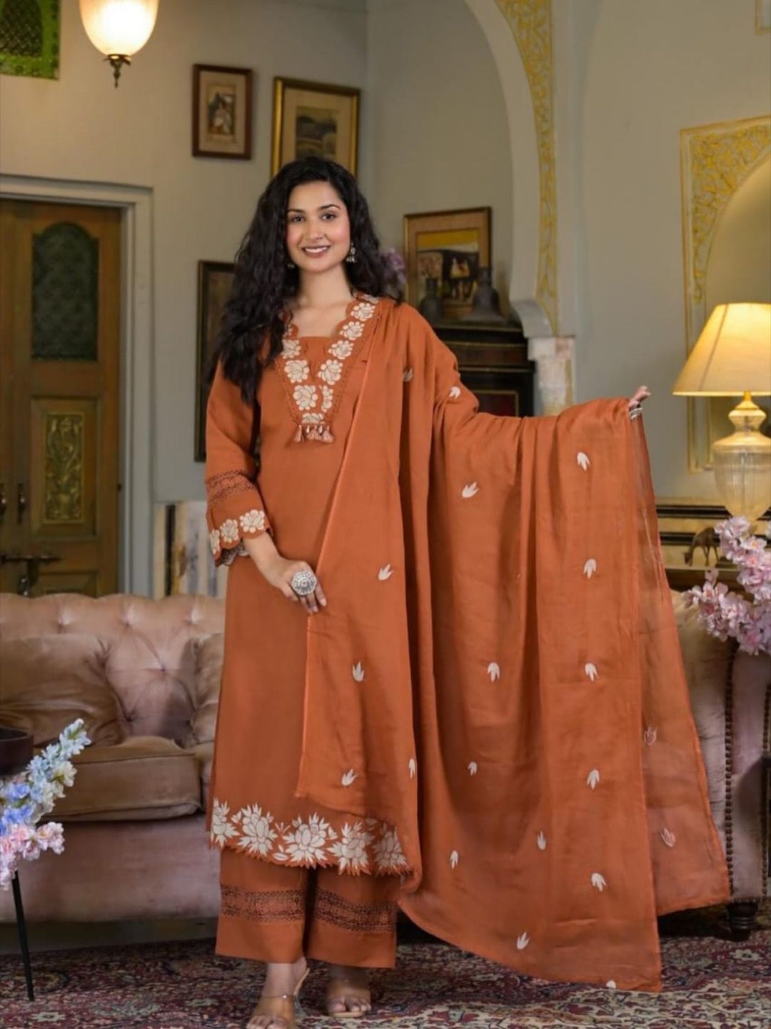 Embroidered Reyon Slub Cotton Suit Set with Dupatta