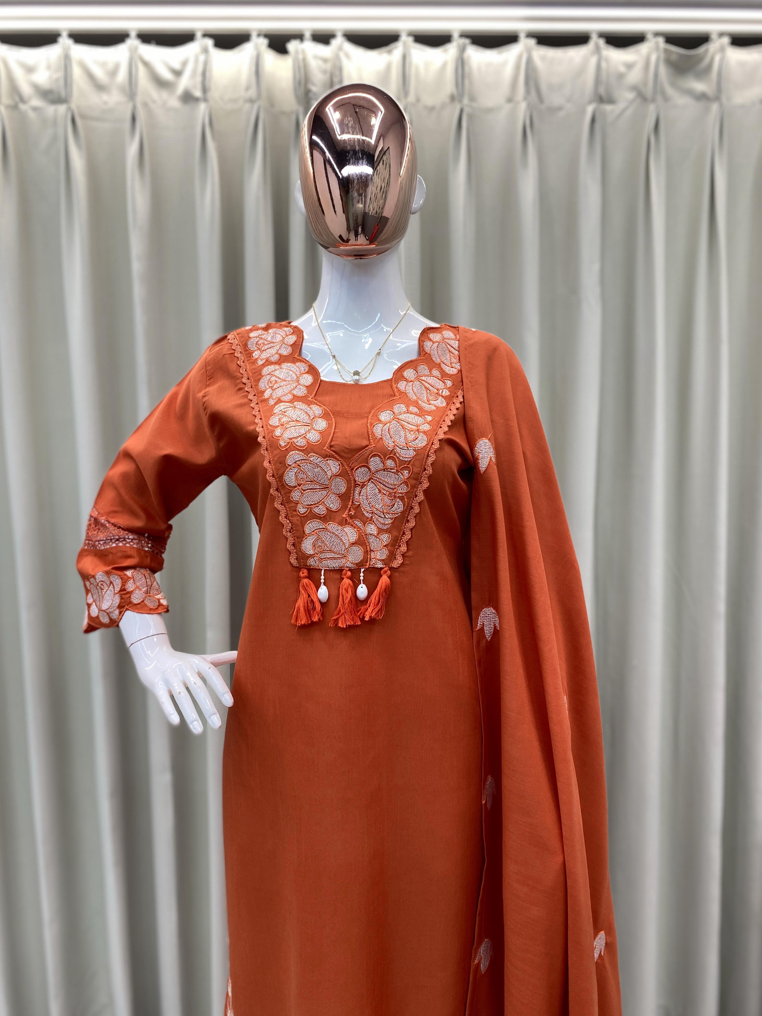 Embroidered Reyon Slub Cotton Suit Set with Dupatta
