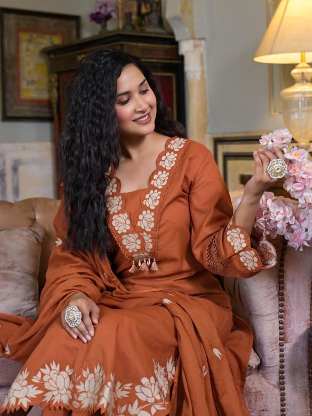 Embroidered Reyon Slub Cotton Suit Set with Dupatta