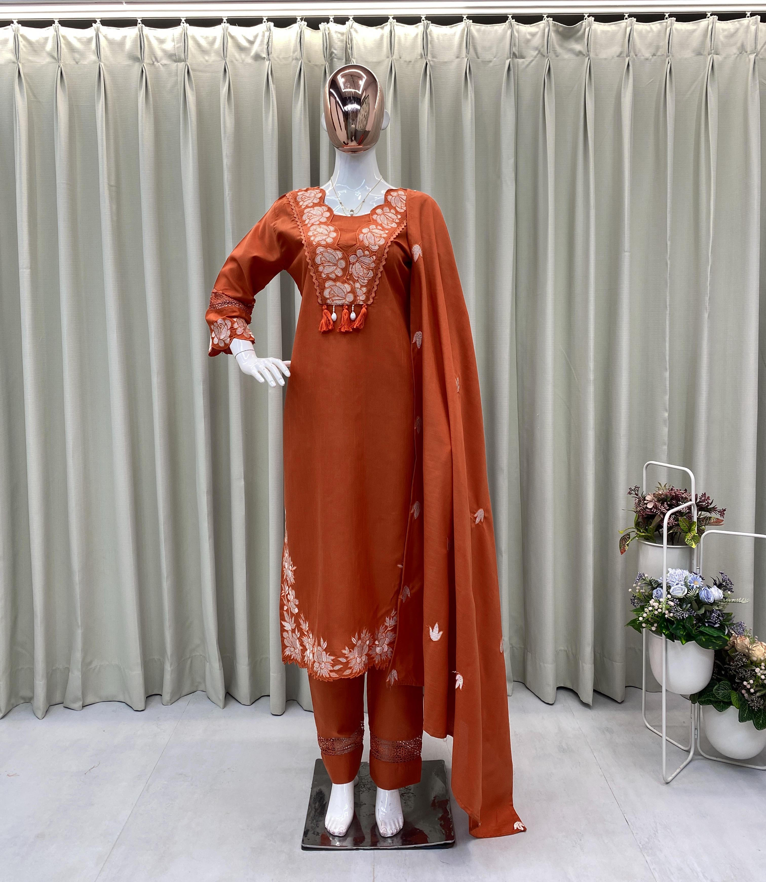 Embroidered Reyon Slub Cotton Suit Set with Dupatta