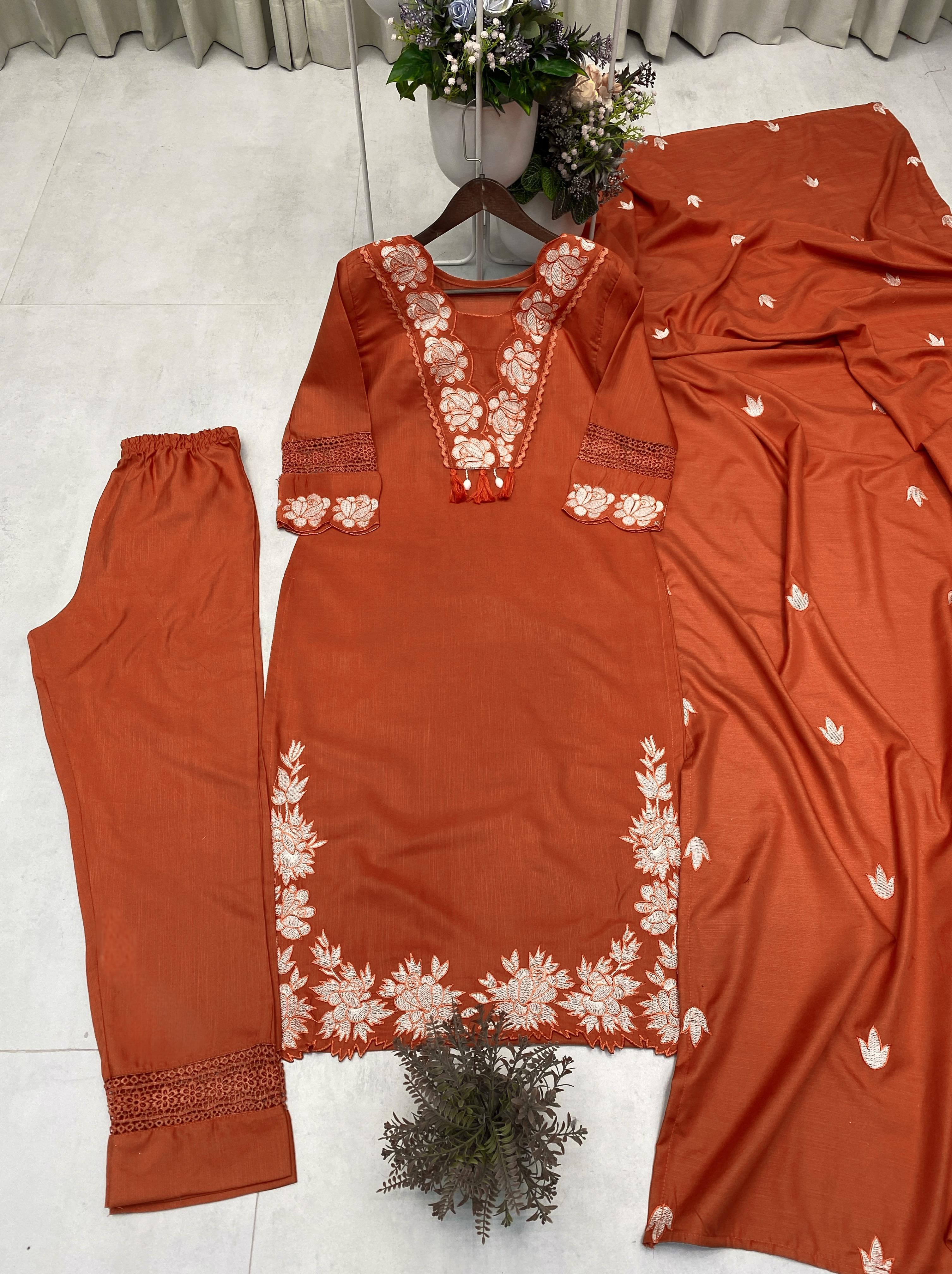 Embroidered Reyon Slub Cotton Suit Set with Dupatta