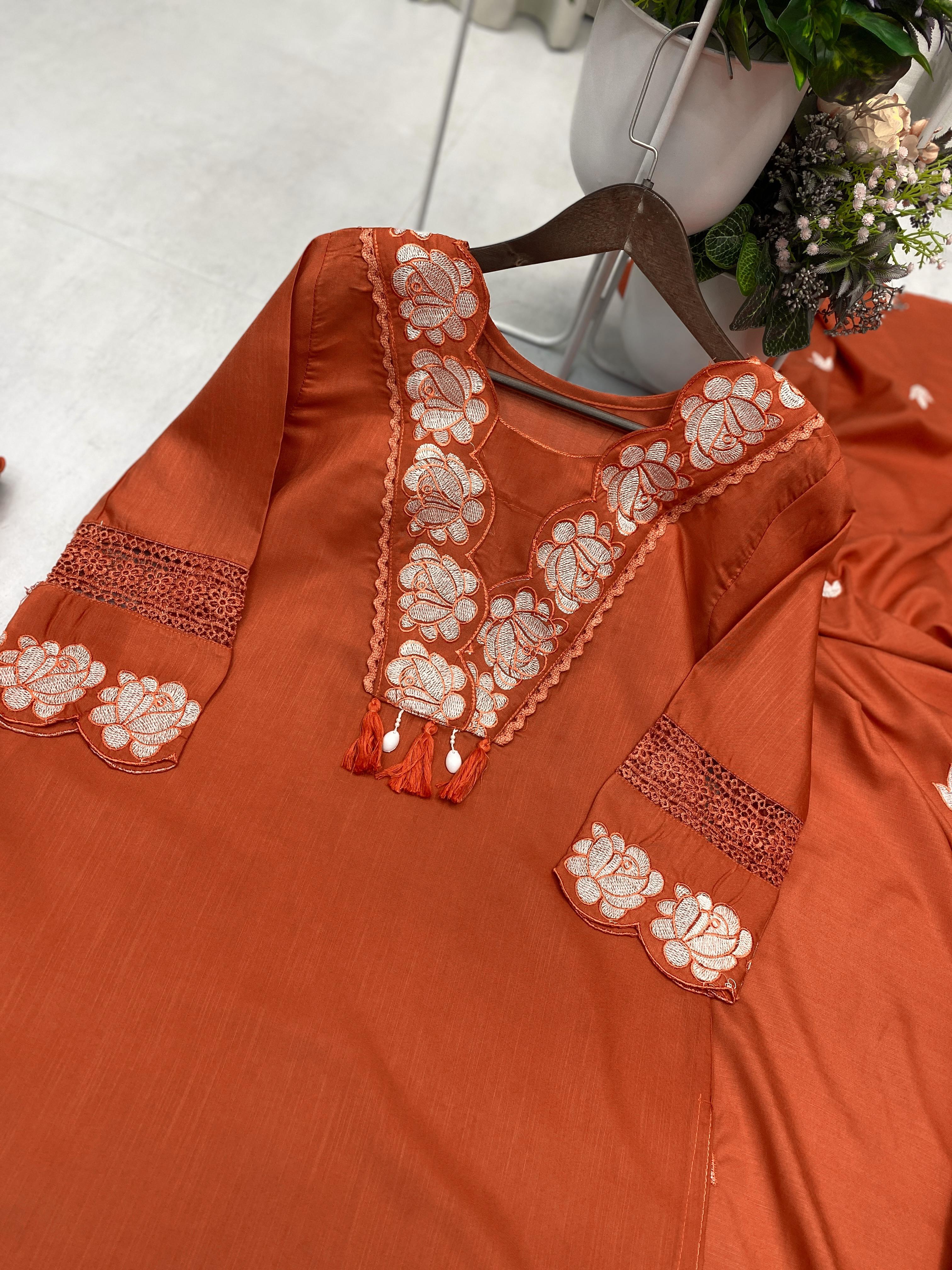 Embroidered Reyon Slub Cotton Suit Set with Dupatta