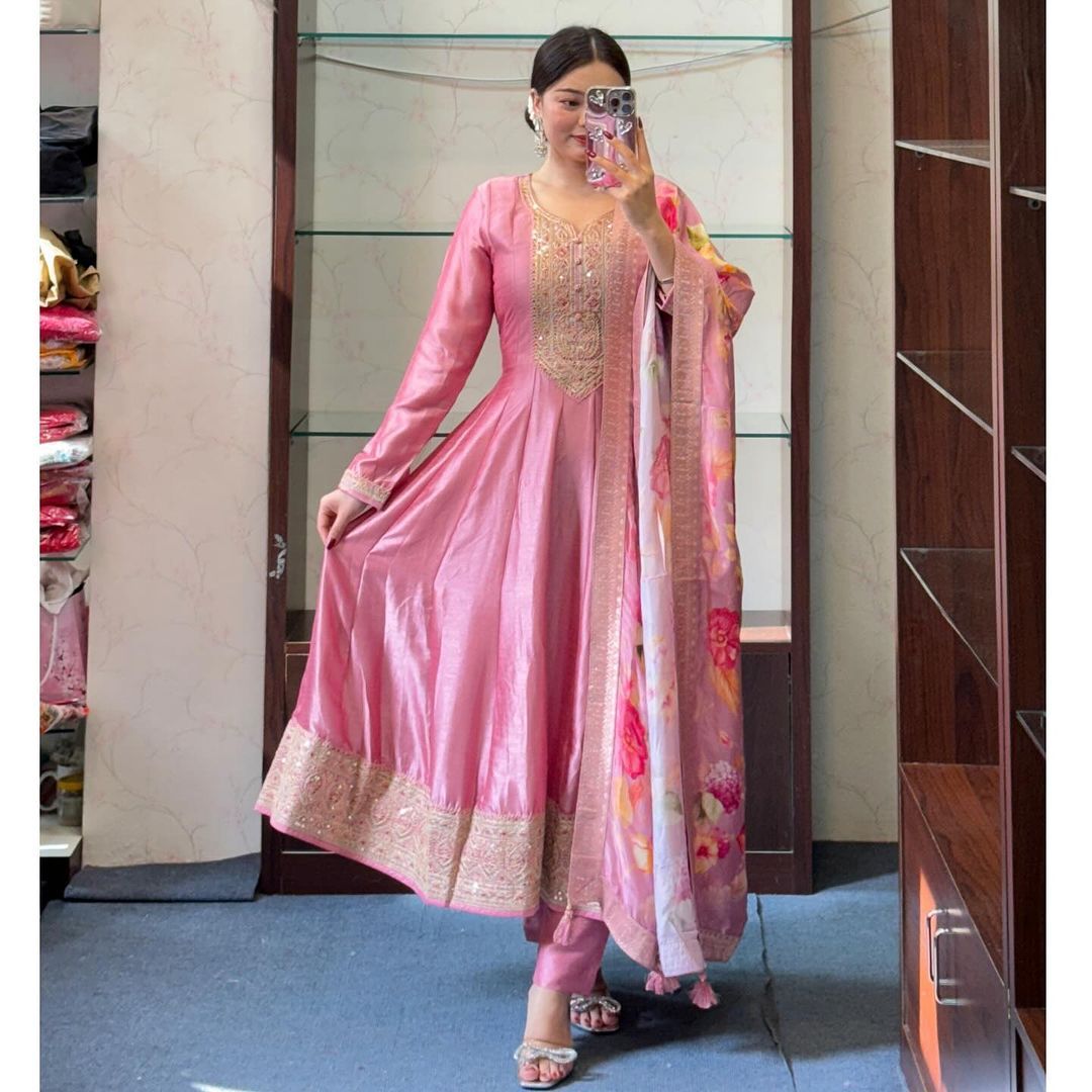 Graceful Pastel Pink Embroidered Suit with Floral Dupatta 🌷-AL