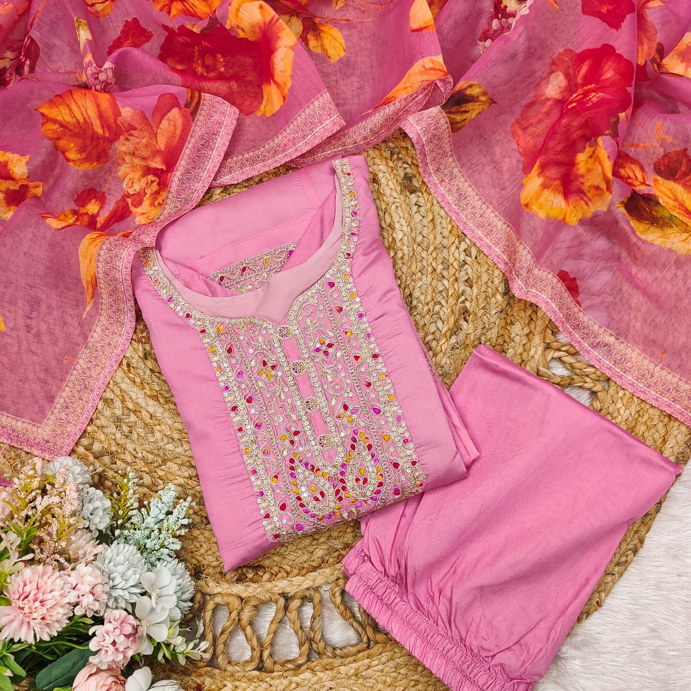 Graceful Pastel Pink Embroidered Suit with Floral Dupatta 🌷-AL