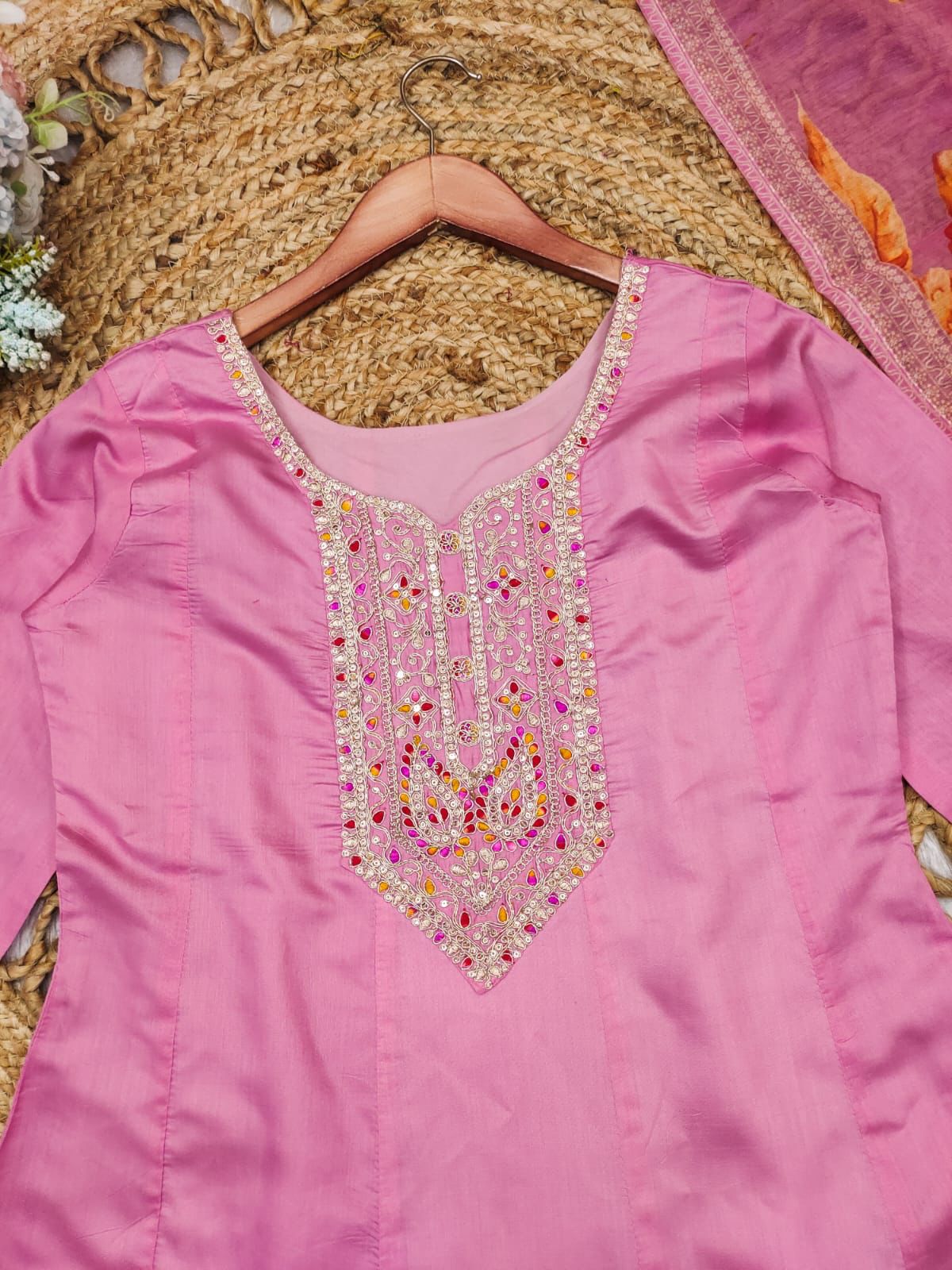 Graceful Pastel Pink Embroidered Suit with Floral Dupatta 🌷-AL