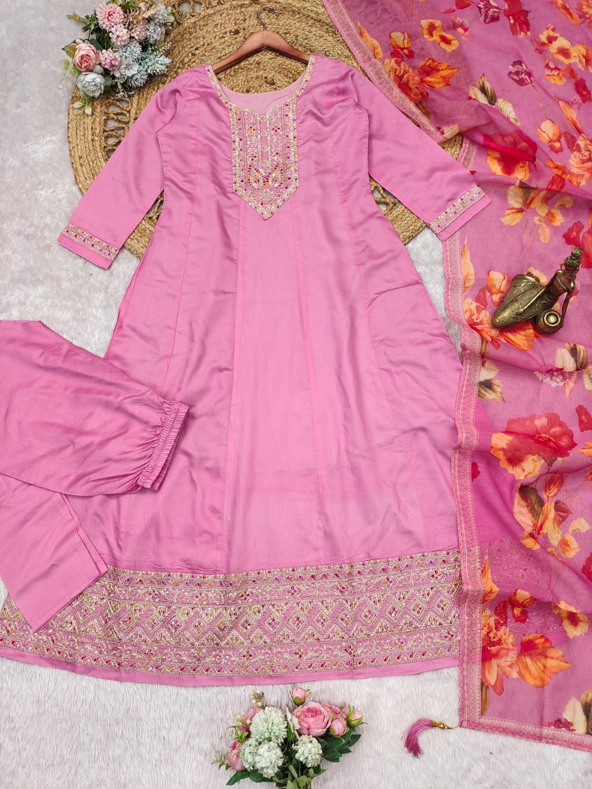 Graceful Pastel Pink Embroidered Suit with Floral Dupatta 🌷-AL