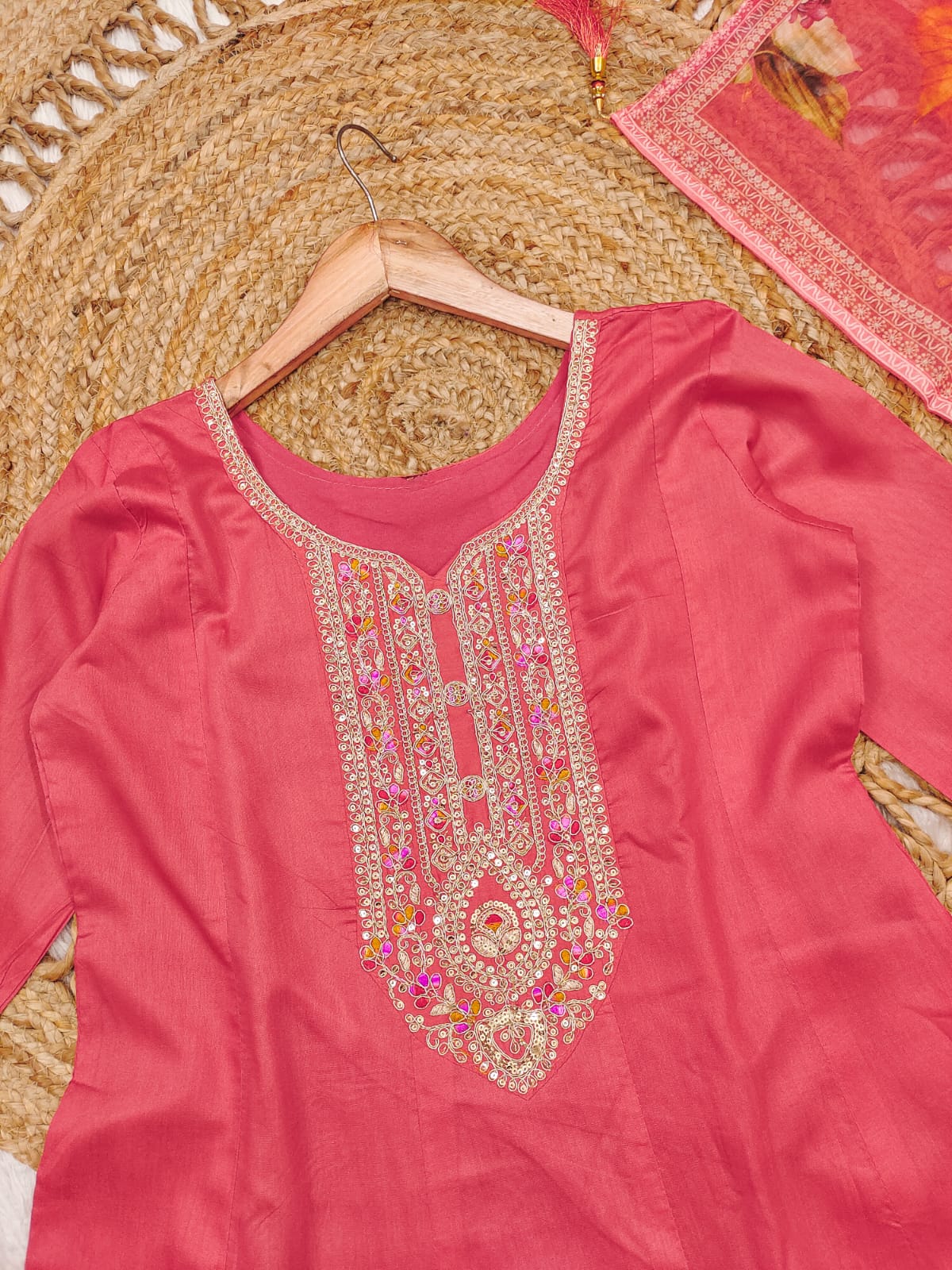 Embroidered Suit with Printed Dupatta-AL