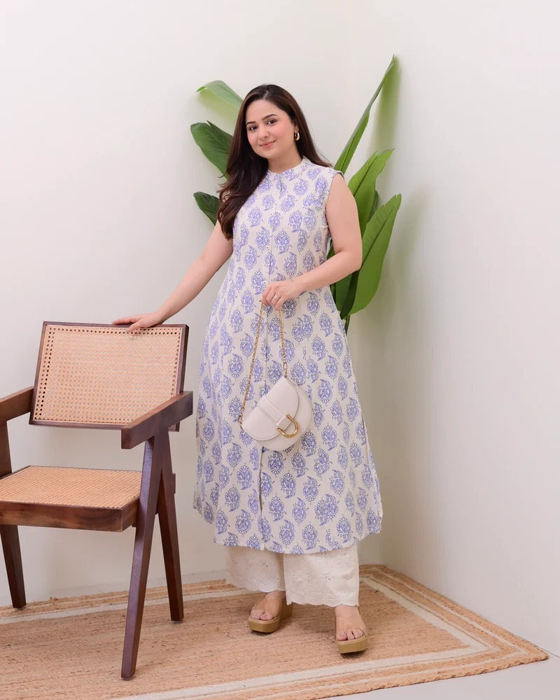 Sleeveless Printed A-Line Kurta with Eyelet Pants-AL
