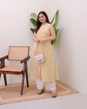 Sleeveless Printed A-Line Kurta with Eyelet Pants-AL