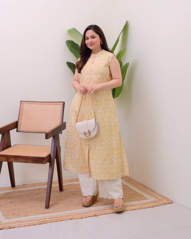 Sleeveless Printed A-Line Kurta with Eyelet Pants-AL