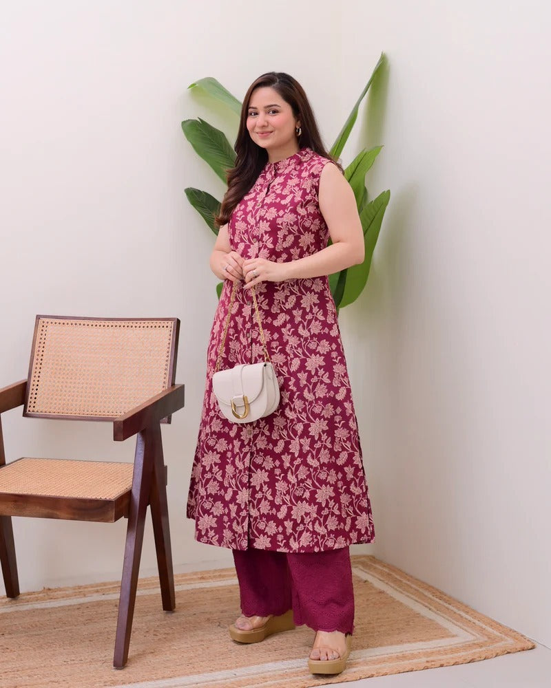 Sleeveless Printed A-Line Kurta with Eyelet Pants-AL