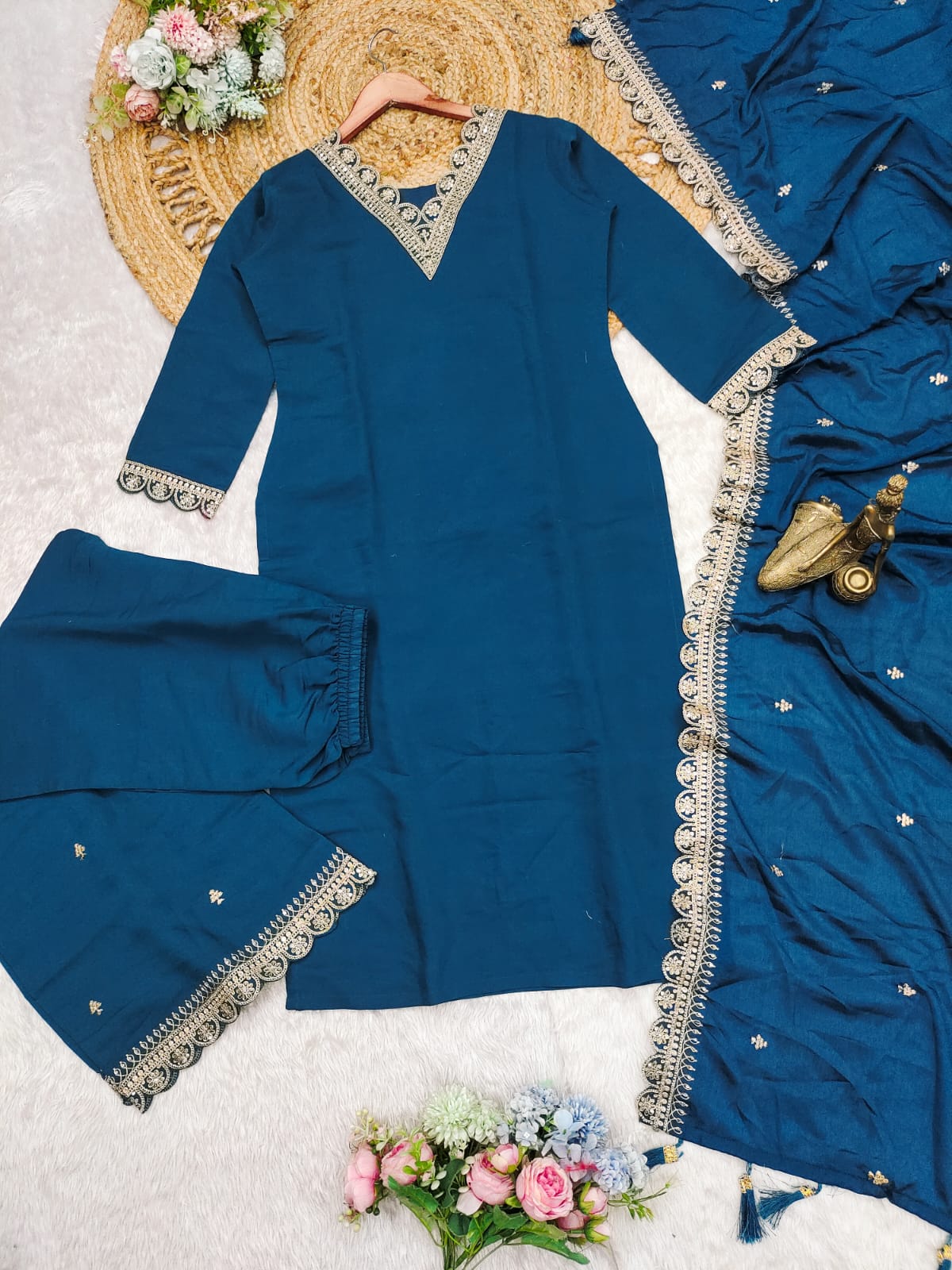 Festival Collection 2025 – Multicolour Roman Satin 3-Piece Suit Set | AL