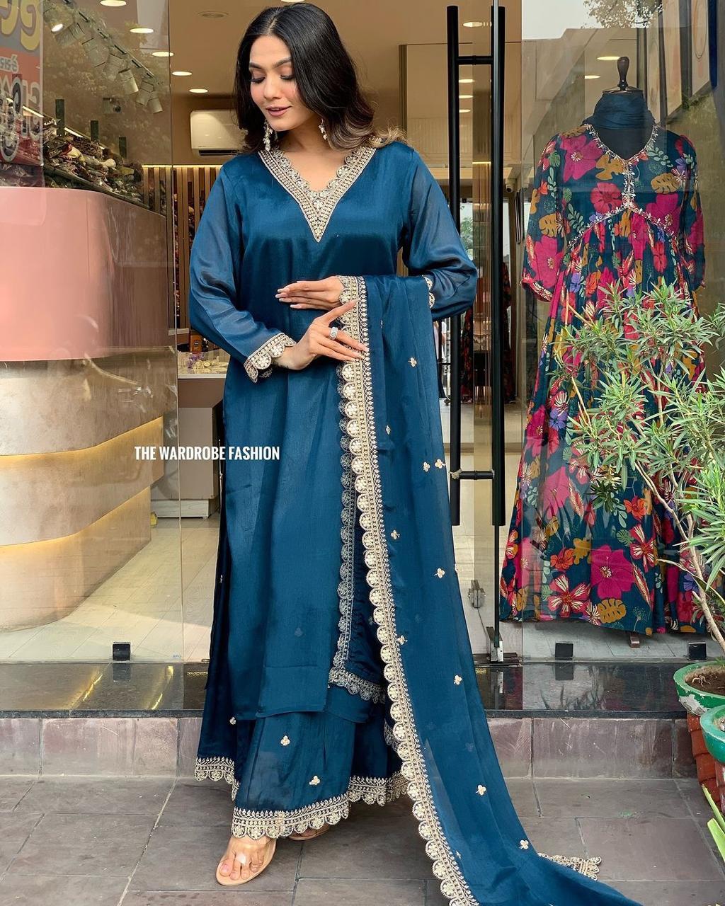 Festival Collection 2025 – Multicolour Roman Satin 3-Piece Suit Set | AL