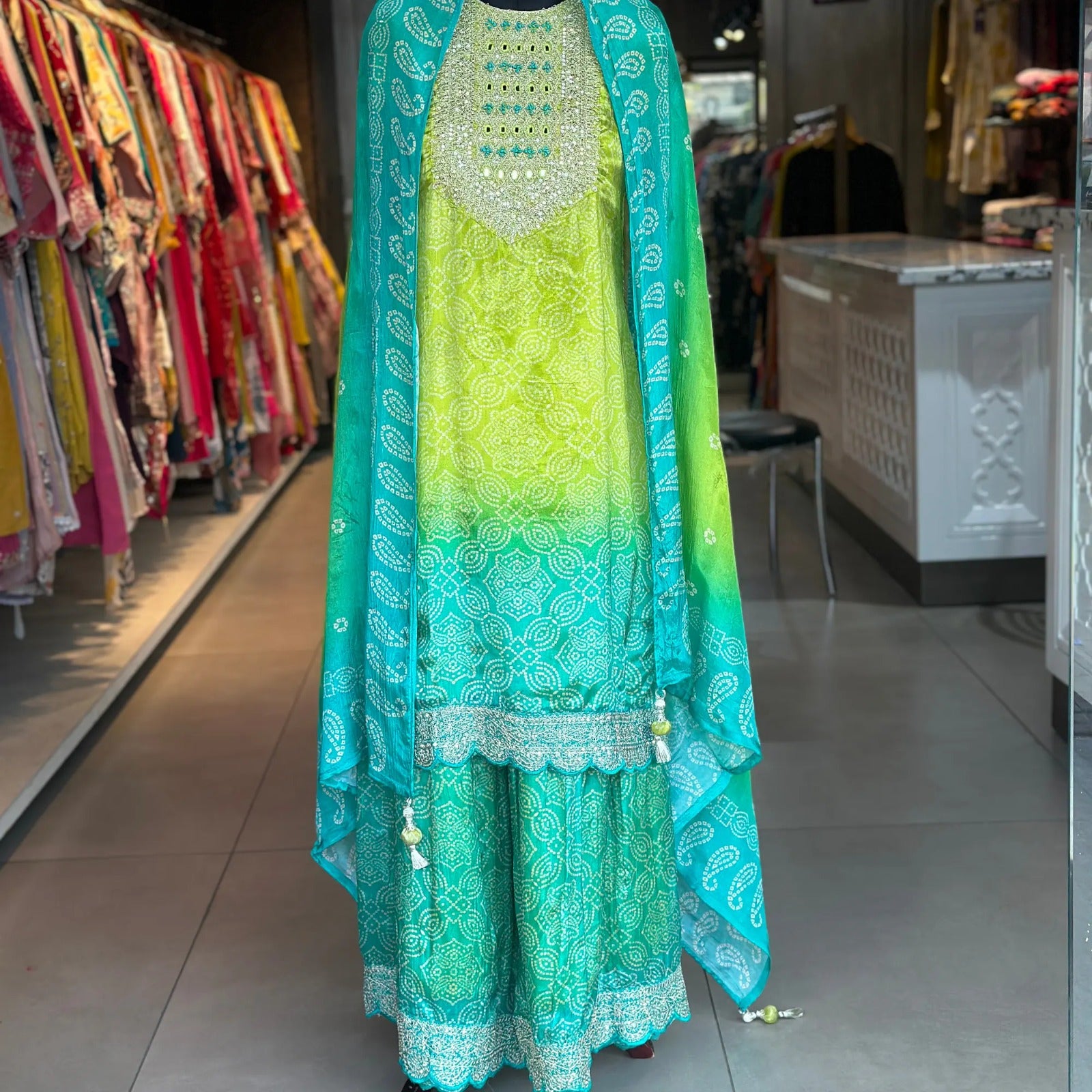 Vibrant Green & Blue Chinon Suit Set – Traditional Elegance | AL