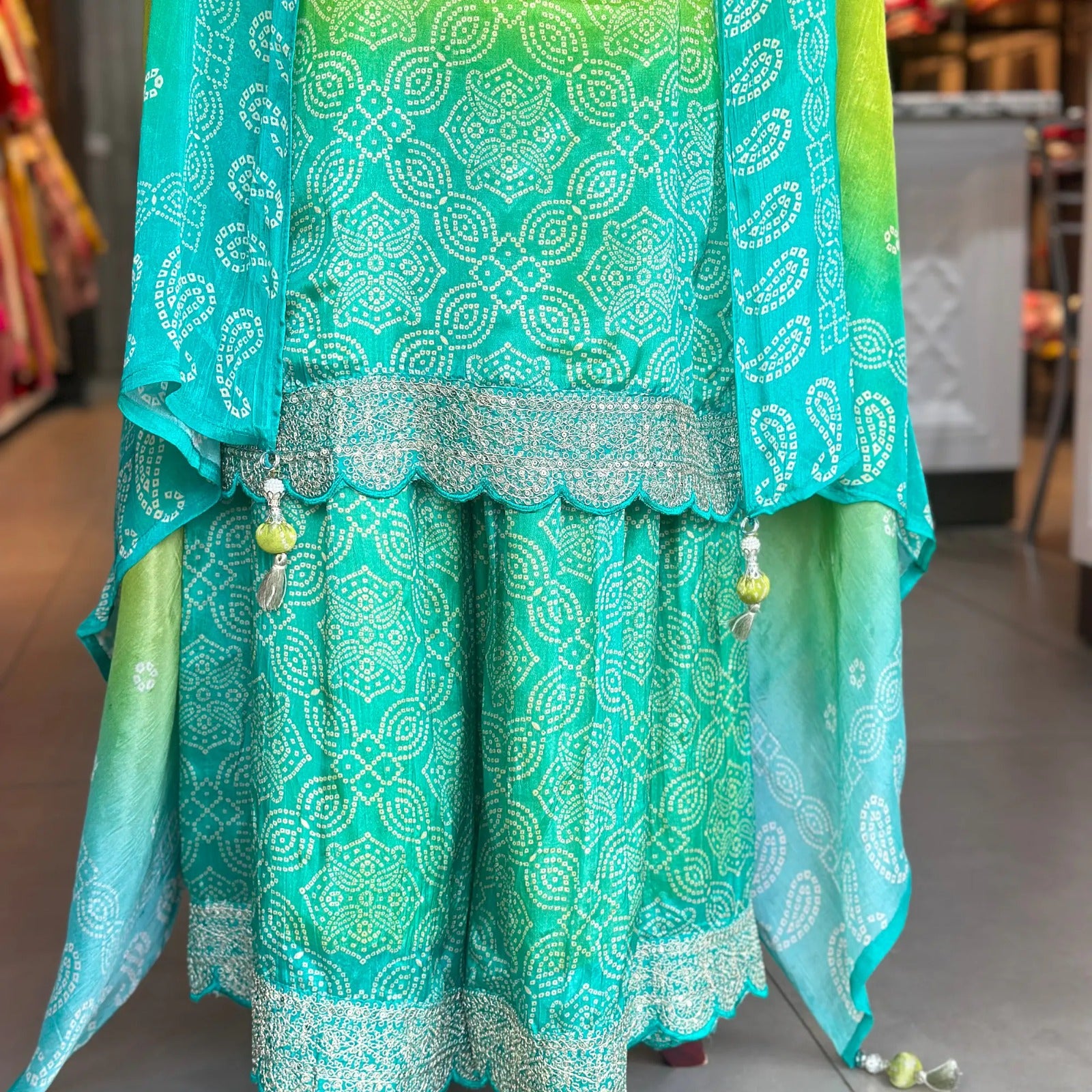 Vibrant Green & Blue Chinon Suit Set – Traditional Elegance | AL
