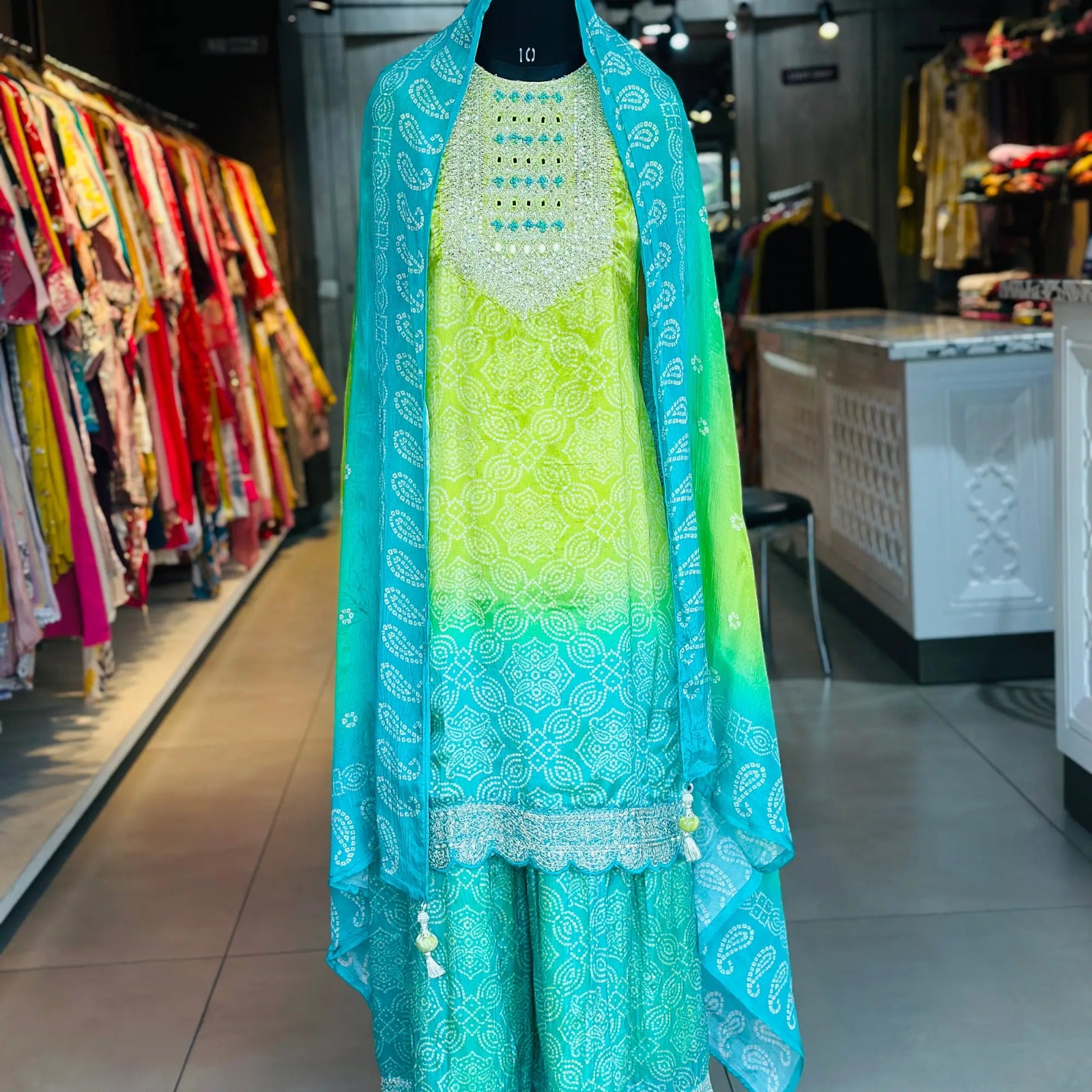 Vibrant Green & Blue Chinon Suit Set – Traditional Elegance | AL