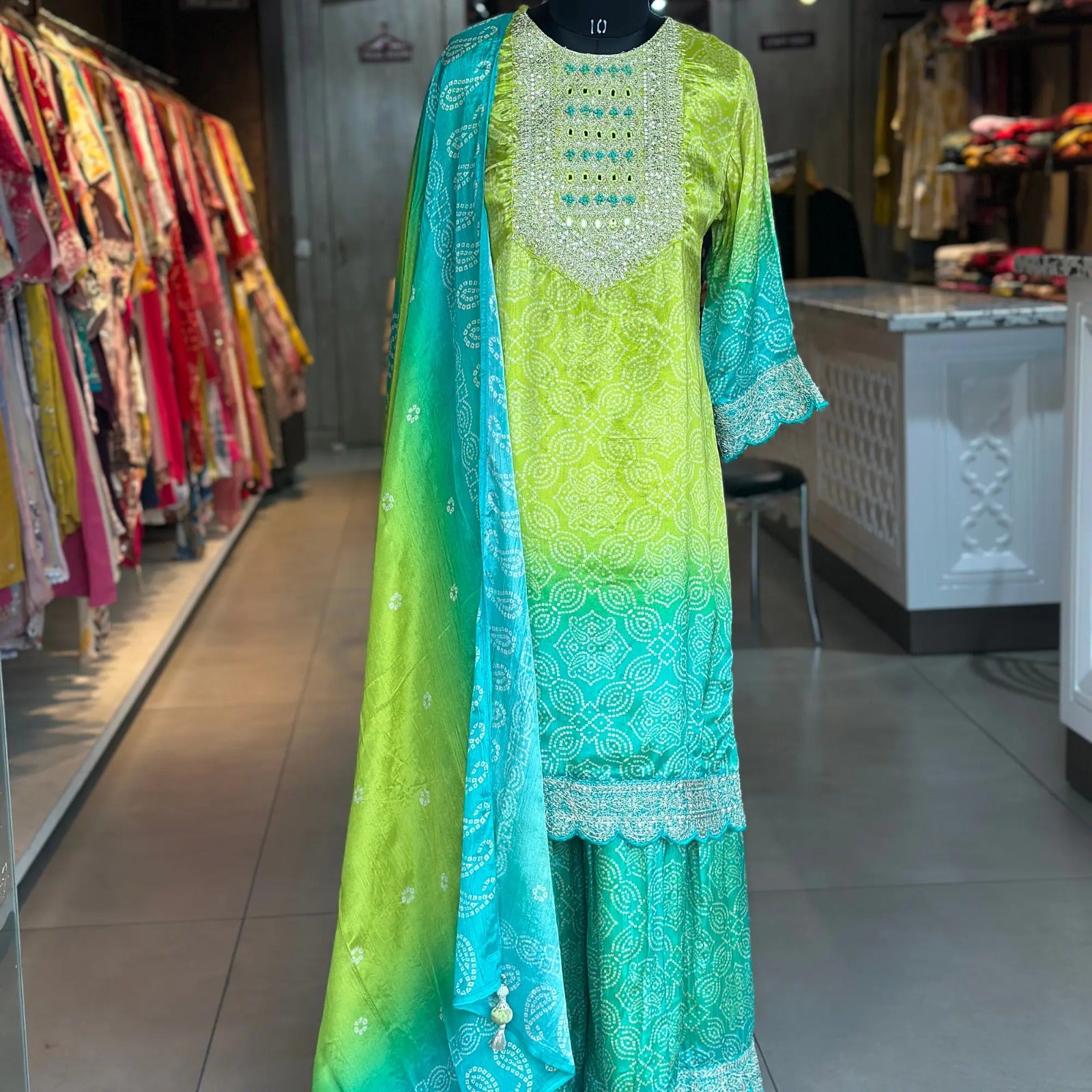 Vibrant Green & Blue Chinon Suit Set – Traditional Elegance | AL