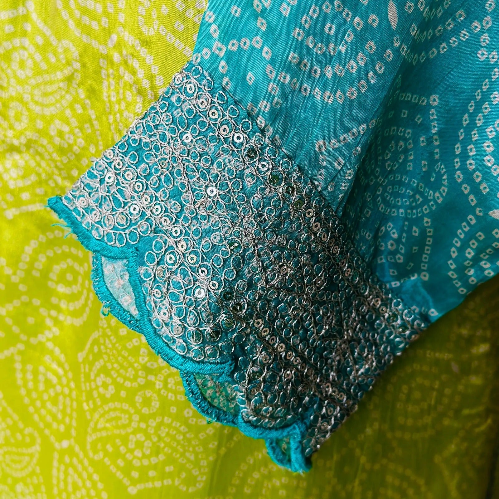 Vibrant Green & Blue Chinon Suit Set – Traditional Elegance | AL