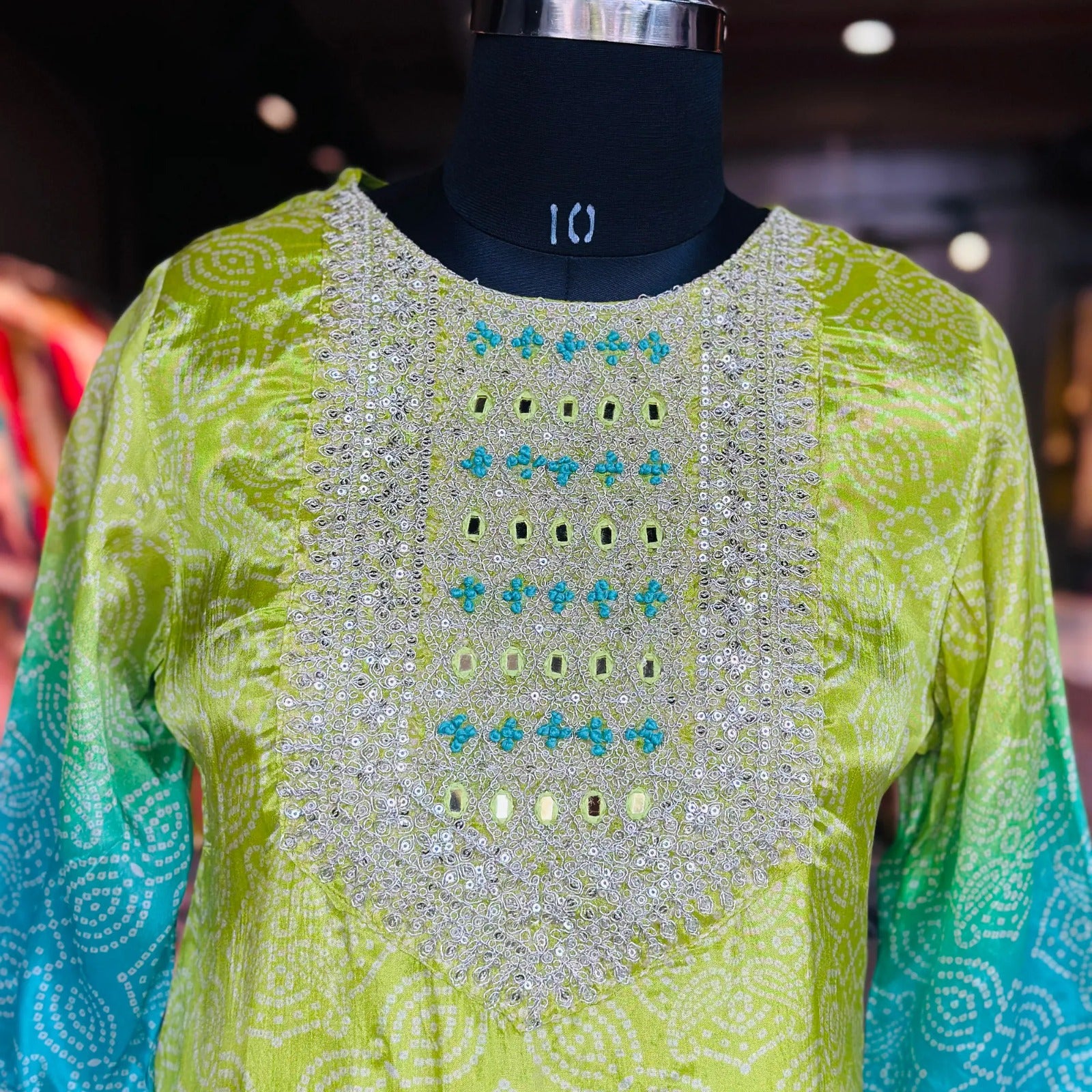 Vibrant Green & Blue Chinon Suit Set – Traditional Elegance | AL