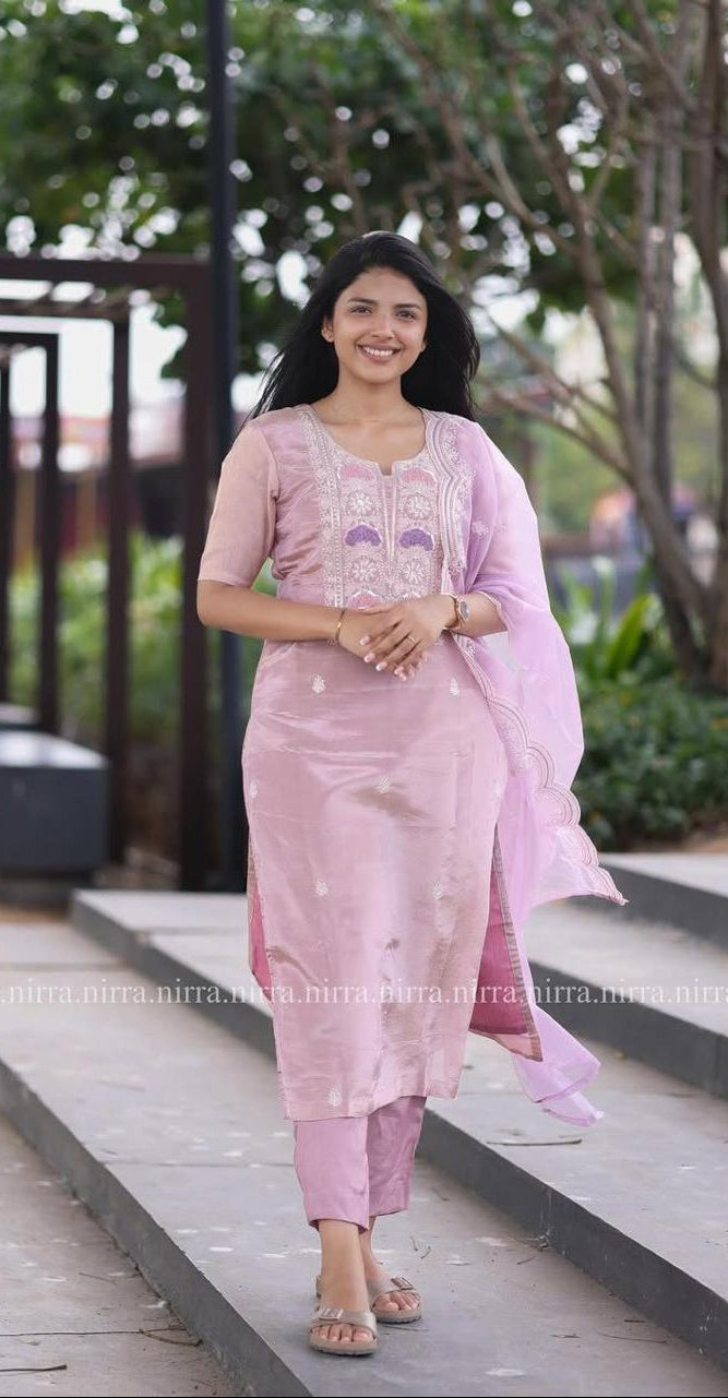 Elegant Chinon Embroidered Kurti Set with Net Dupatta | Festive Collection AL