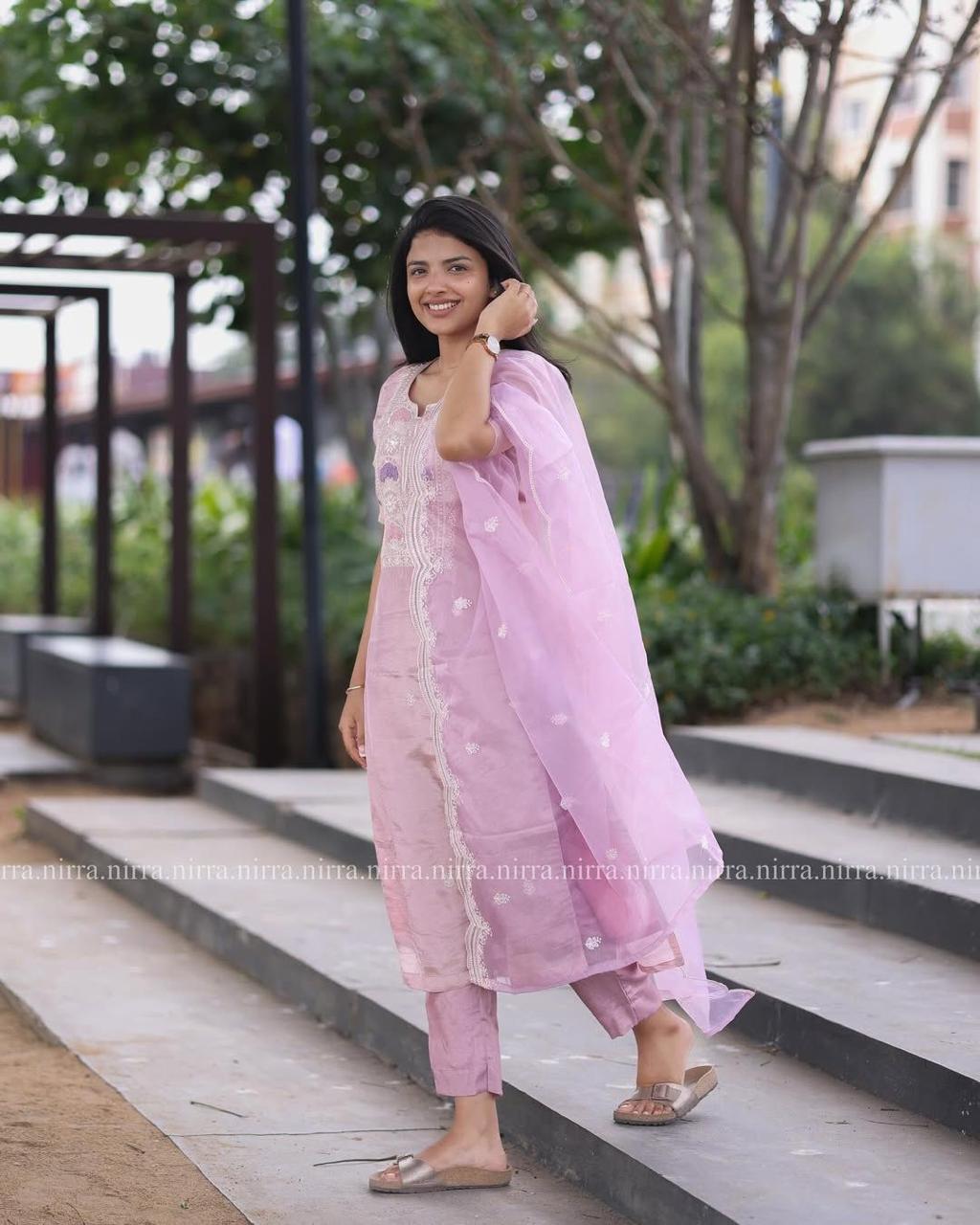 Elegant Chinon Embroidered Kurti Set with Net Dupatta | Festive Collection AL