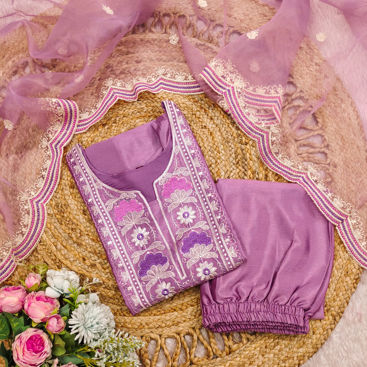 Elegant Chinon Embroidered Kurti Set with Net Dupatta | Festive Collection AL