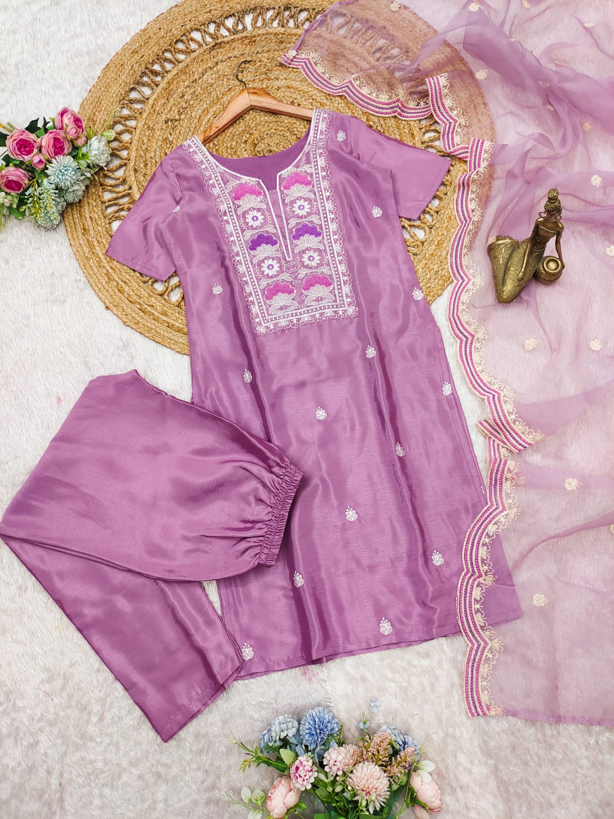 Elegant Chinon Embroidered Kurti Set with Net Dupatta | Festive Collection AL