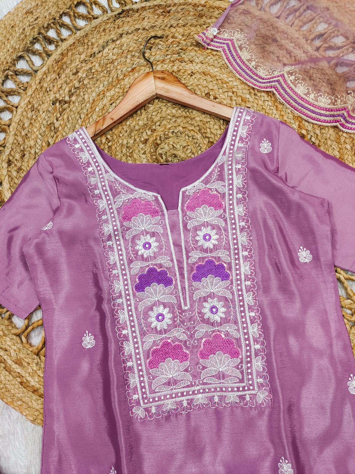 Elegant Chinon Embroidered Kurti Set with Net Dupatta | Festive Collection AL