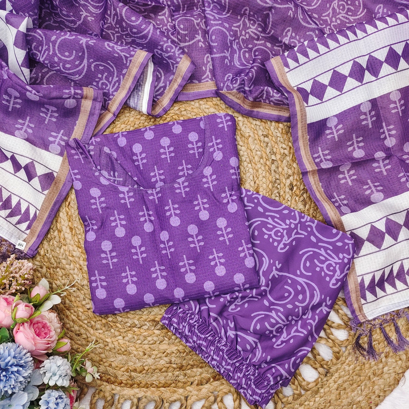 Elegant Purple Kota Chex Kurti Set with Botanical Motifs | Digital Print | Ready to Ship – AL