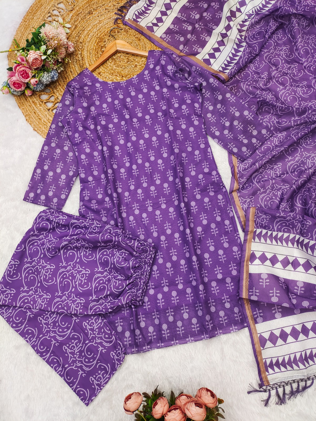 Elegant Purple Kota Chex Kurti Set with Botanical Motifs | Digital Print | Ready to Ship – AL