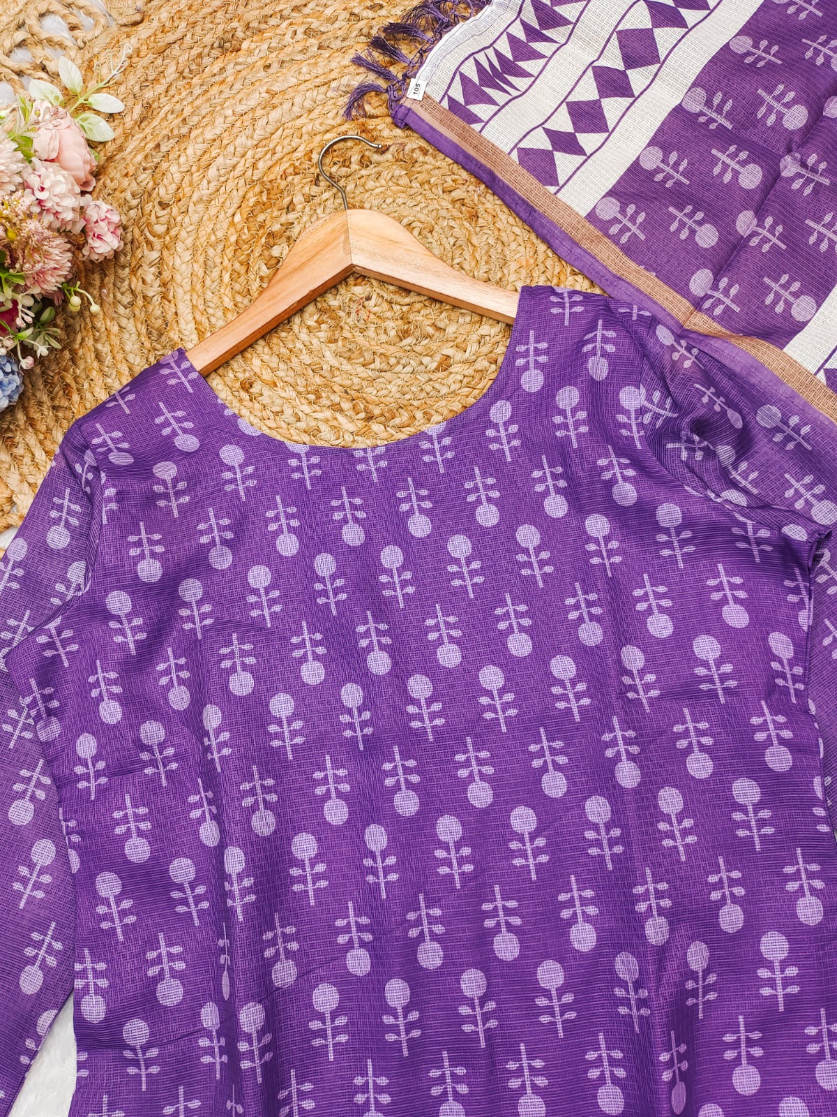 Elegant Purple Kota Chex Kurti Set with Botanical Motifs | Digital Print | Ready to Ship – AL