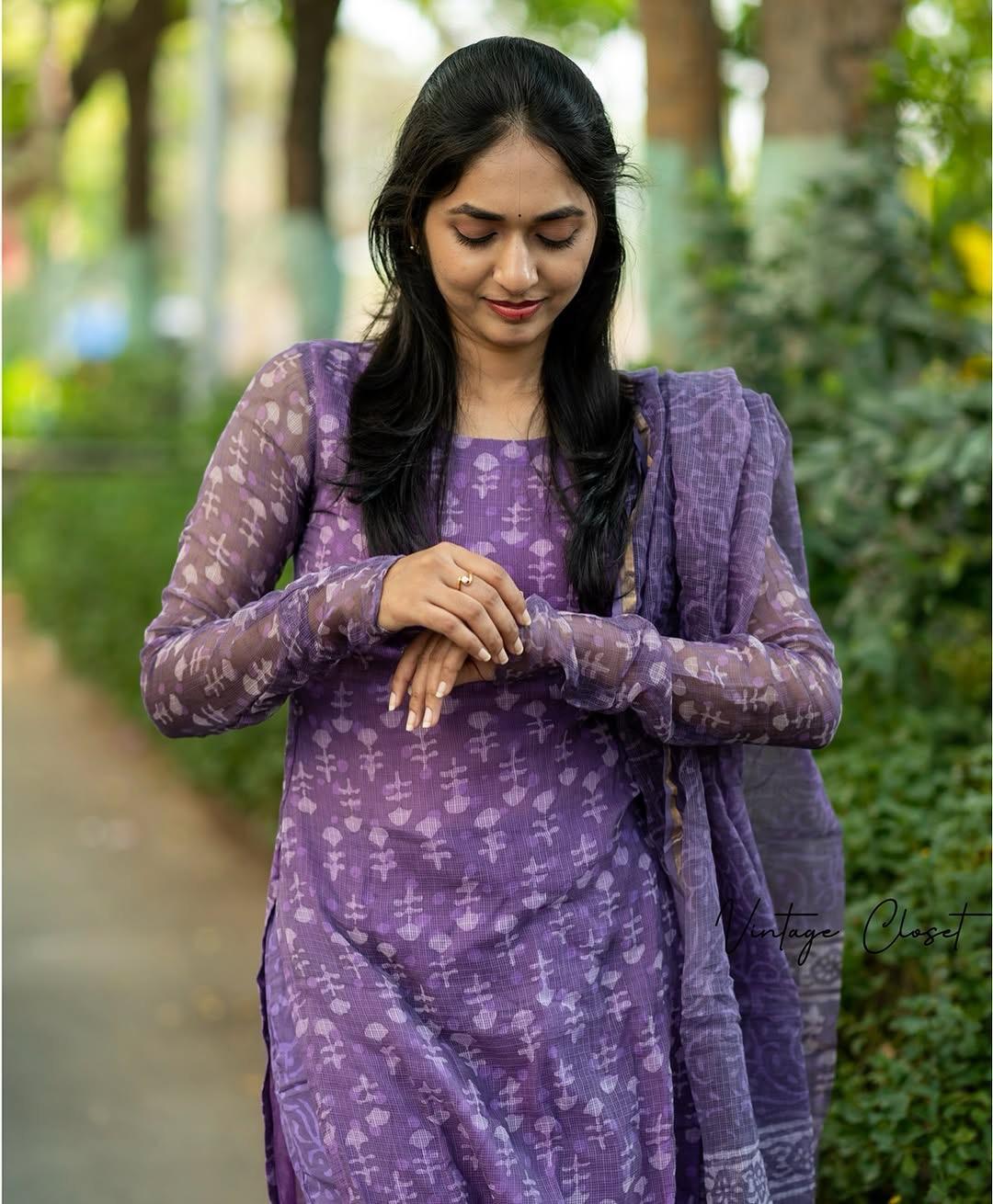 Elegant Purple Kota Chex Kurti Set with Botanical Motifs | Digital Print | Ready to Ship – AL