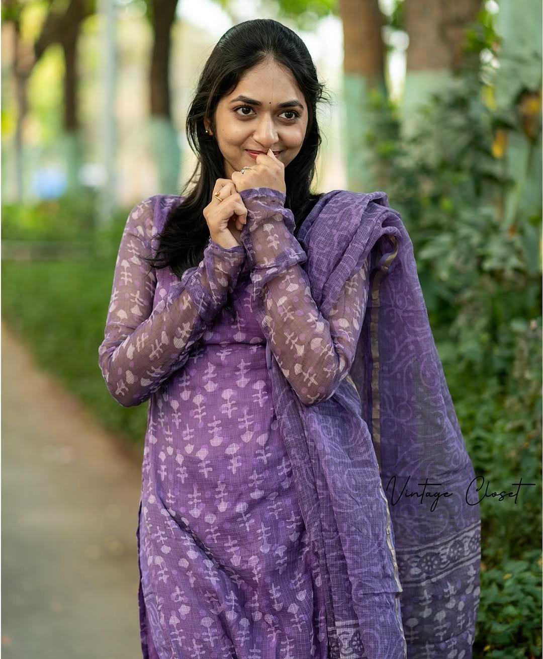 Elegant Purple Kota Chex Kurti Set with Botanical Motifs | Digital Print | Ready to Ship – AL