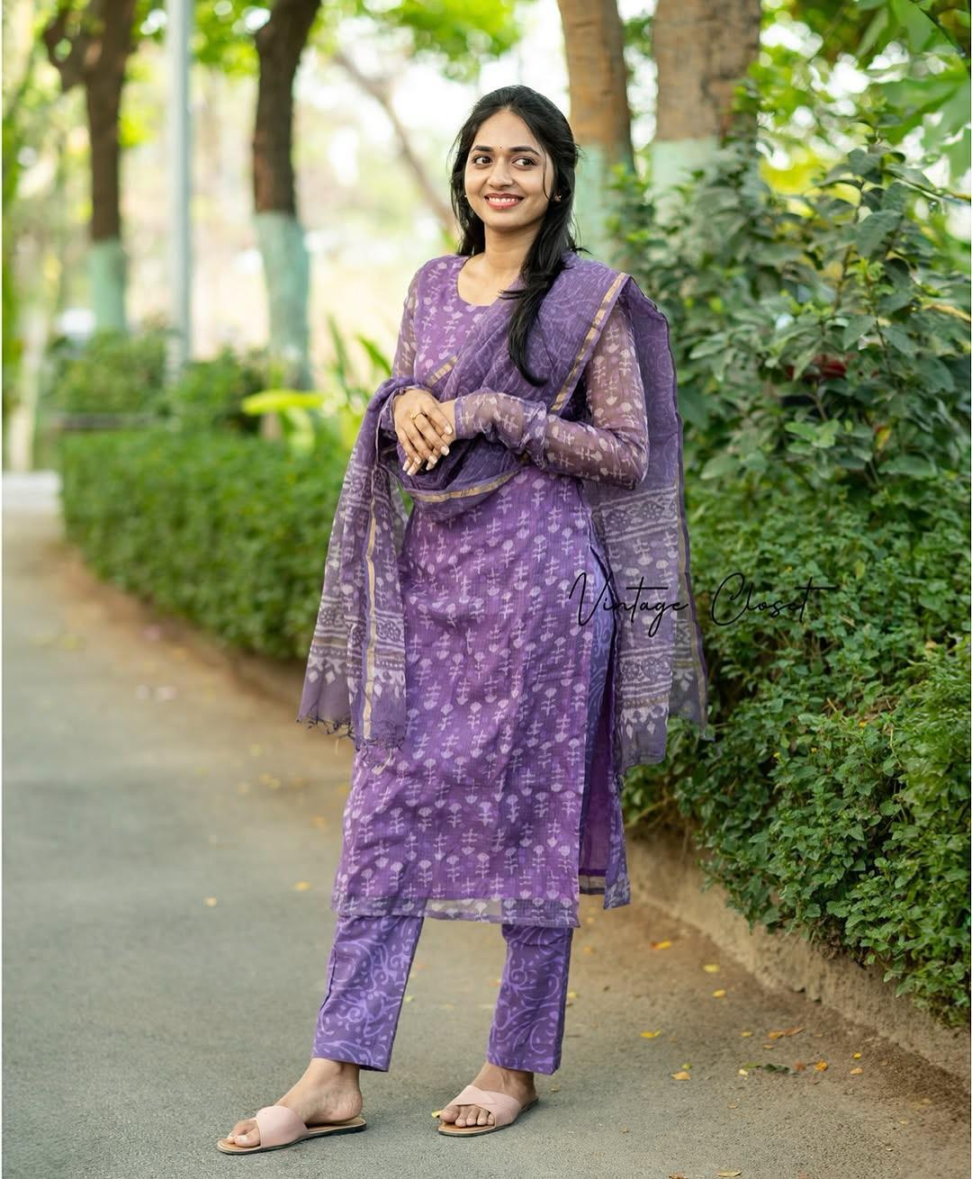 Elegant Purple Kota Chex Kurti Set with Botanical Motifs | Digital Print | Ready to Ship – AL