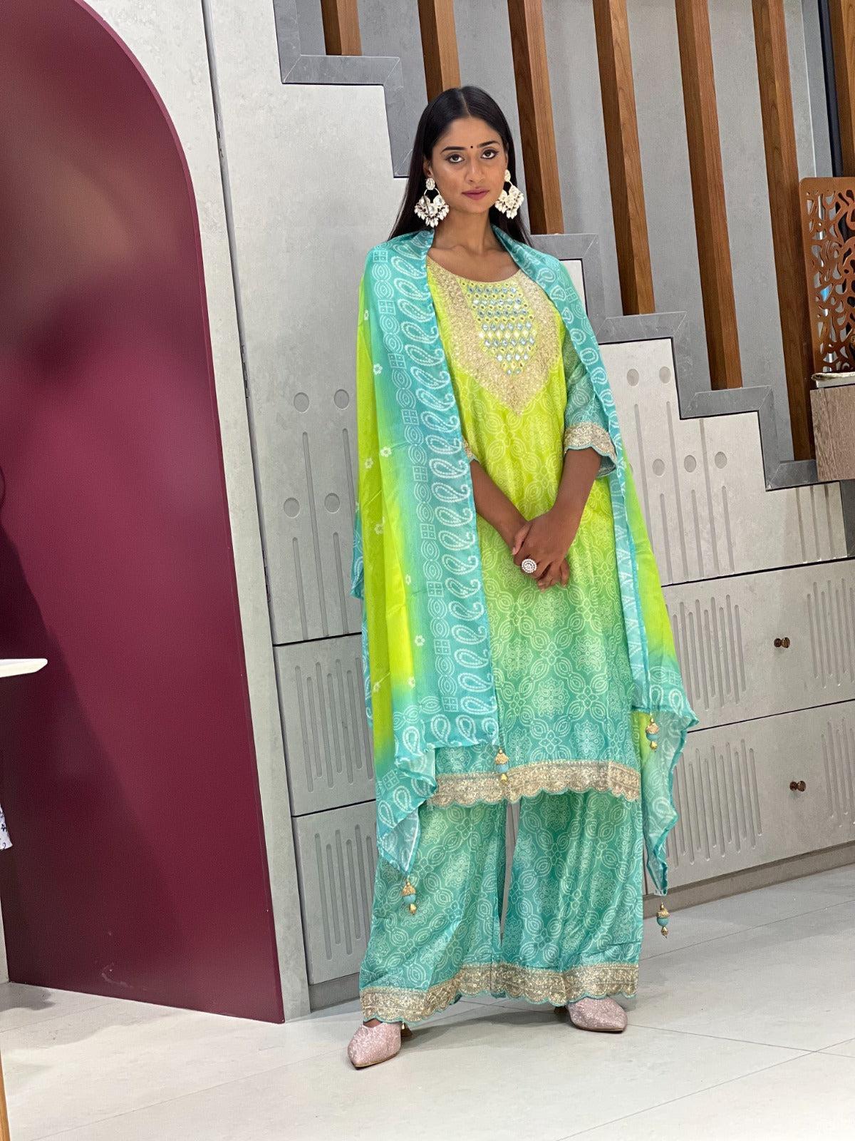 Exclusive Green & Blue Chinon 3-Piece Set | Traditional Elegance with Dupatta | AL