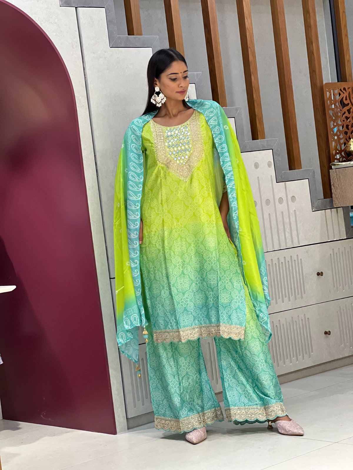 Exclusive Green & Blue Chinon 3-Piece Set | Traditional Elegance with Dupatta | AL