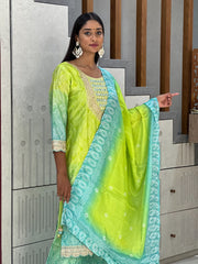 Exclusive Green & Blue Chinon 3-Piece Set | Traditional Elegance with Dupatta | AL