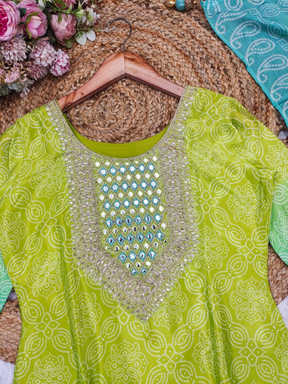 Exclusive Green & Blue Chinon 3-Piece Set | Traditional Elegance with Dupatta | AL