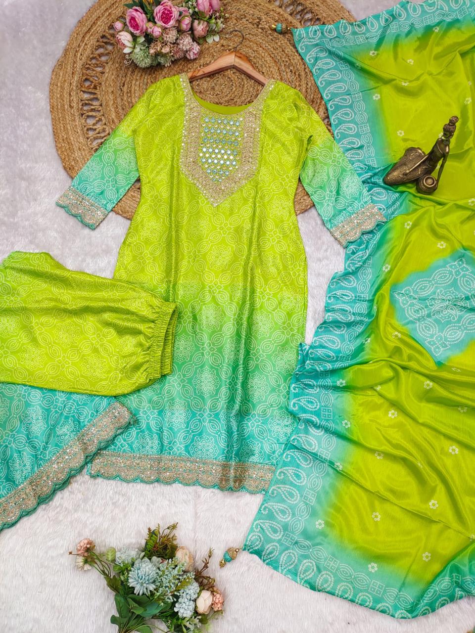 Exclusive Green & Blue Chinon 3-Piece Set | Traditional Elegance with Dupatta | AL