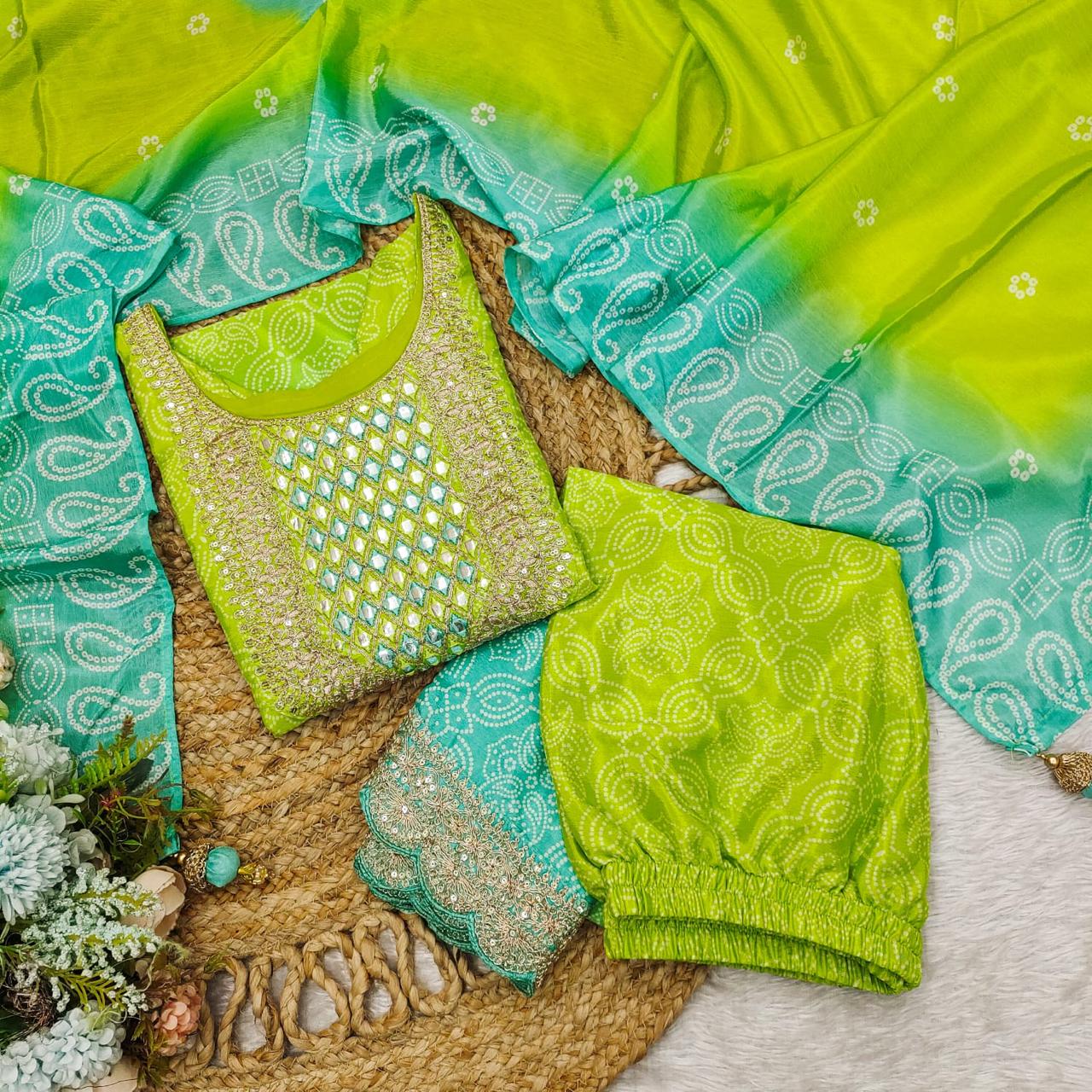 Exclusive Green & Blue Chinon 3-Piece Set | Traditional Elegance with Dupatta | AL