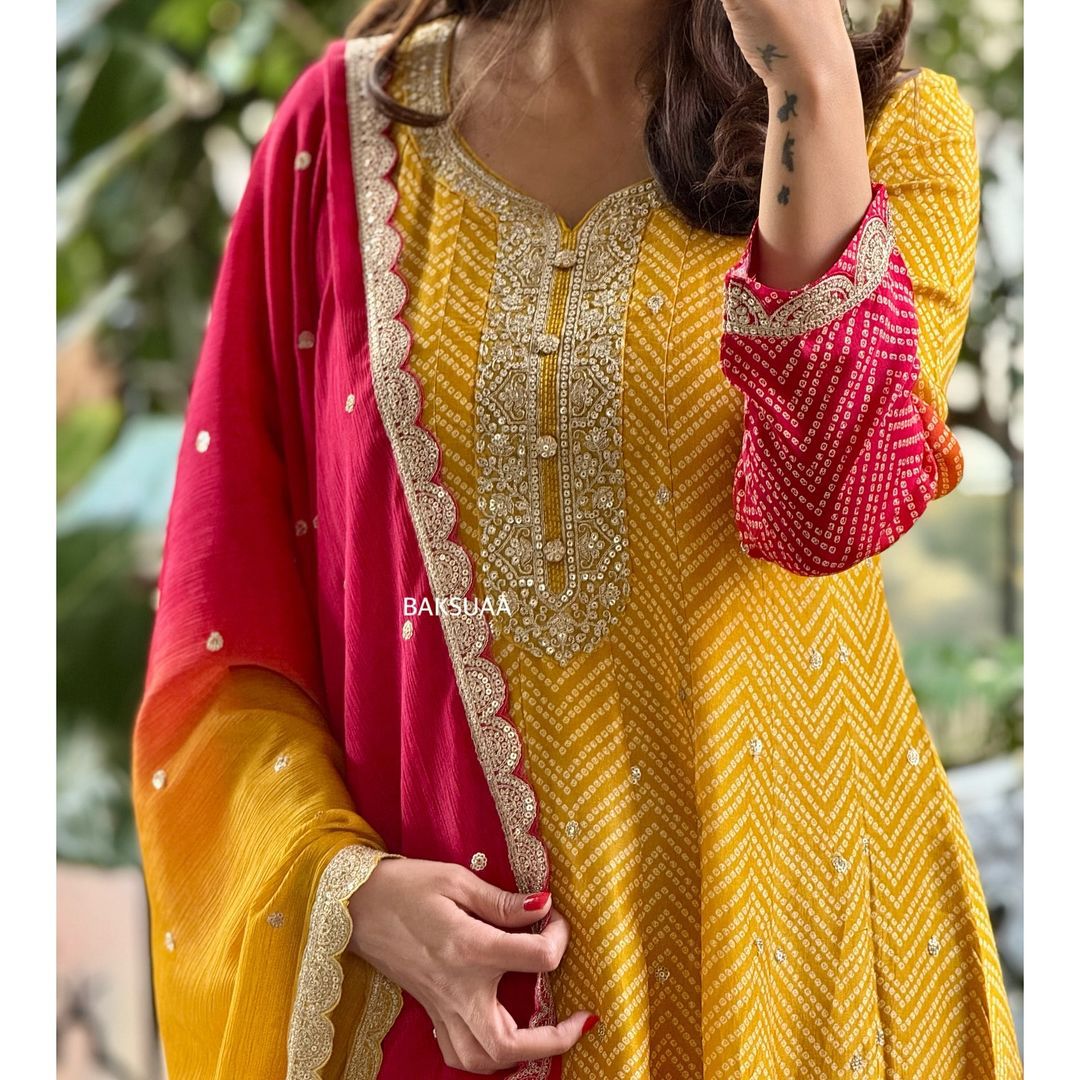 Vibrant Yellow–Red Ombre Embroidered Kurta Set | Festive Special AL