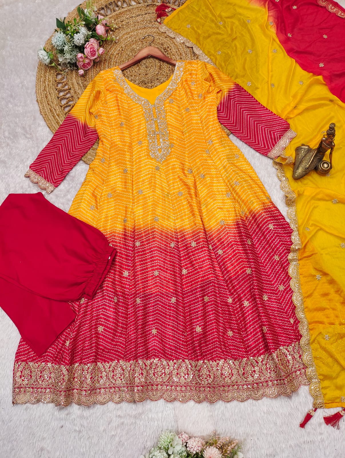 Vibrant Yellow–Red Ombre Embroidered Kurta Set | Festive Special AL