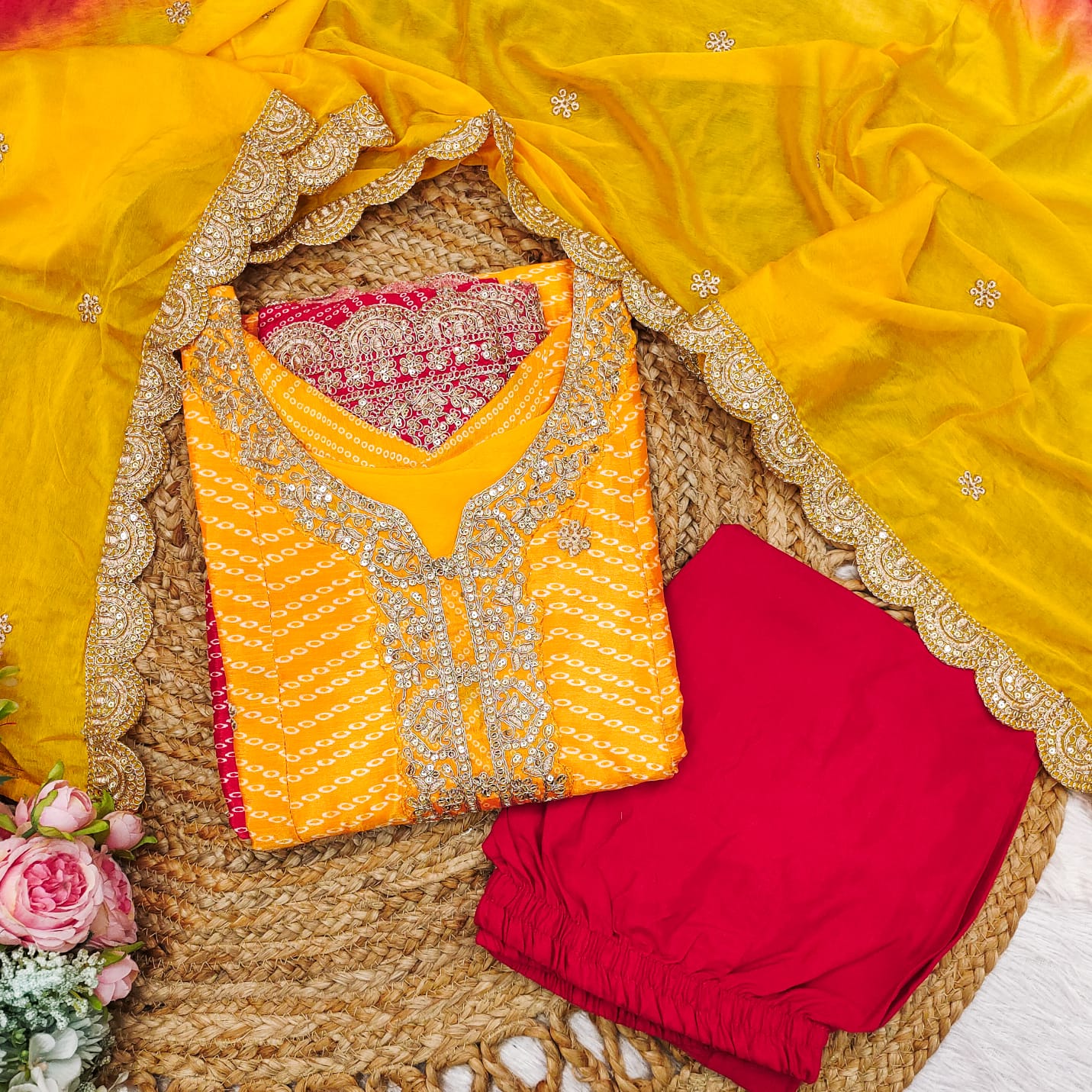 Vibrant Yellow–Red Ombre Embroidered Kurta Set | Festive Special AL