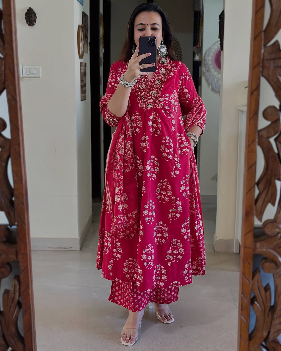 Cotton Print Handwork Anarkali Kurti Pant with Malmal Dupatta KF