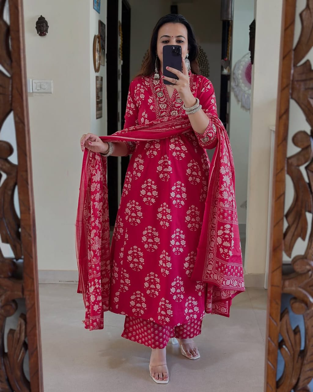 Cotton Print Handwork Anarkali Kurti Pant with Malmal Dupatta KF